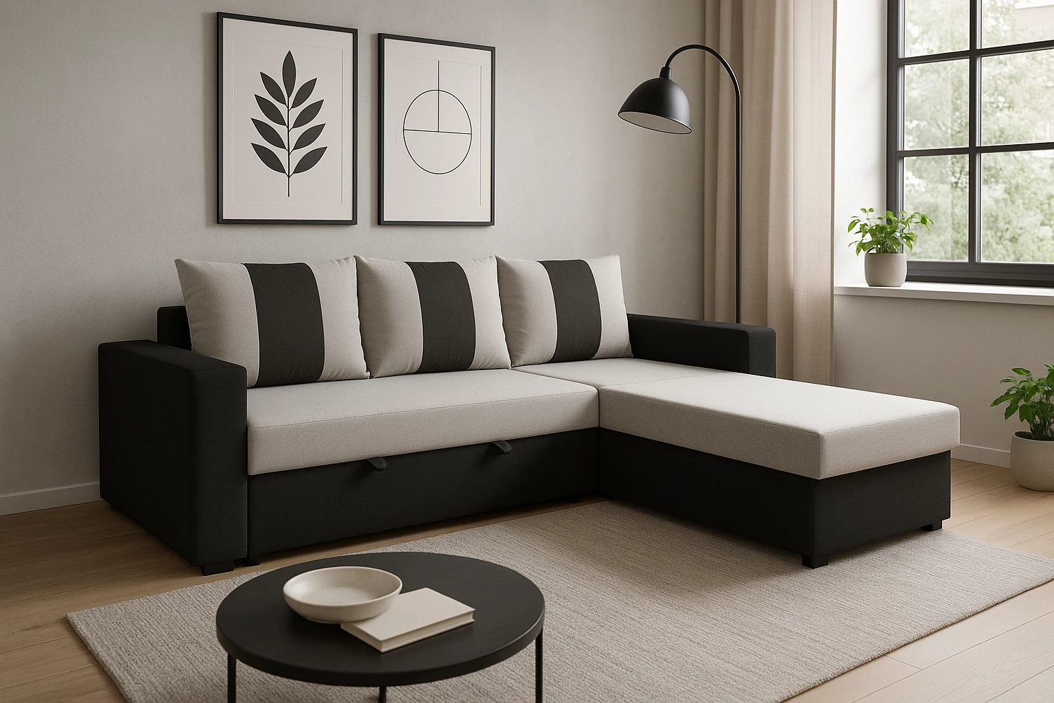 LUX sarokülő 230 x 150 cm méretben, ágyazható és ágyneműtartós | Szürke - Fekete színkombinációban